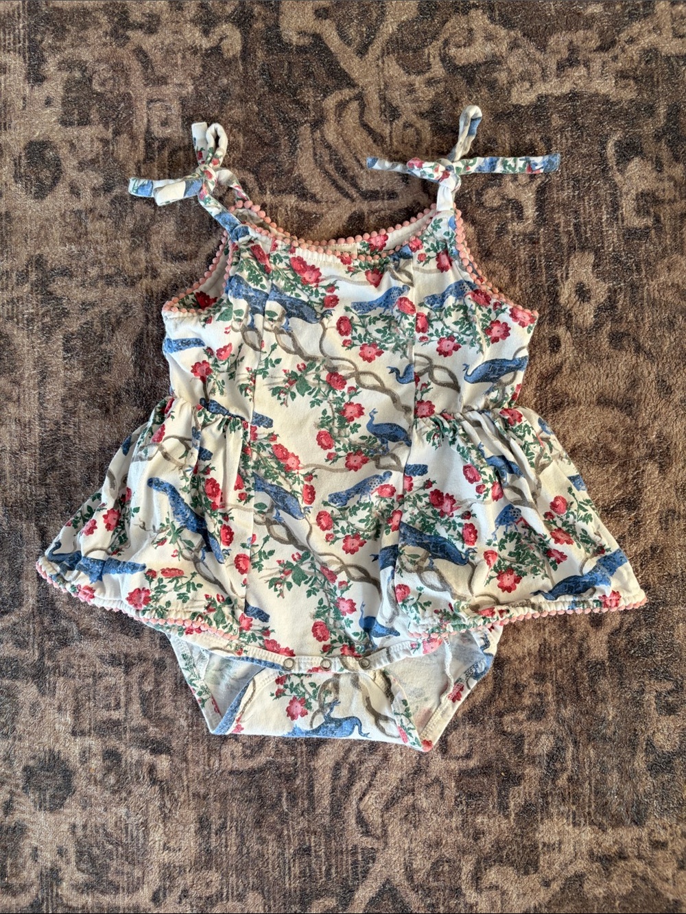 kate Quinn Chinoiserie Peacock Romper with Blue Birds & Pink Floral Print